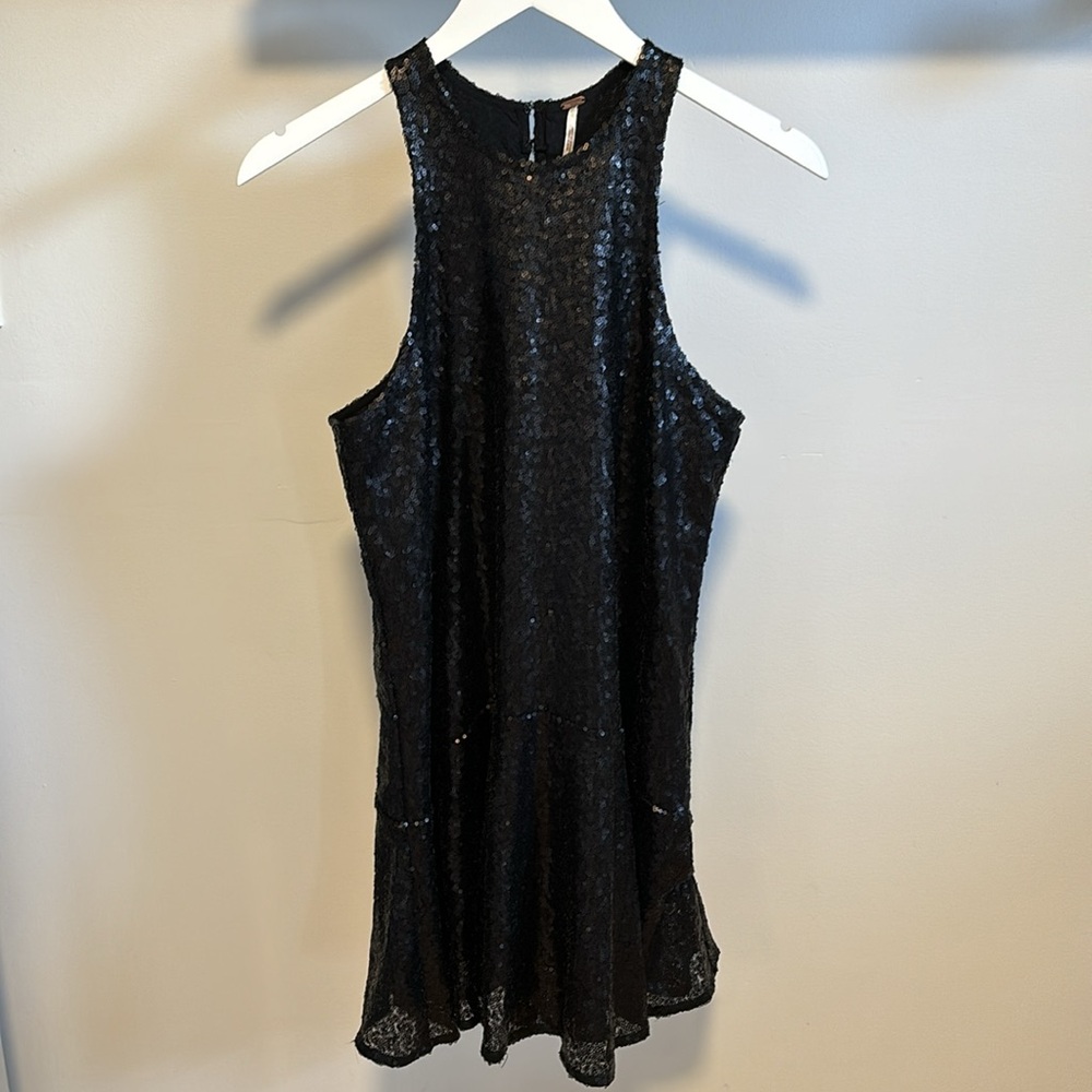 Free People black sequin liquid shine drop waist mini dress. - Picture 2 of 11